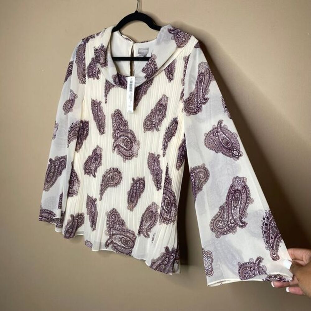 NW $99 CHICO'S Women's Pleated Paisley Popover Long Sheer Sleeve Blouse Sz1 8/10 - Picture 2 of 9